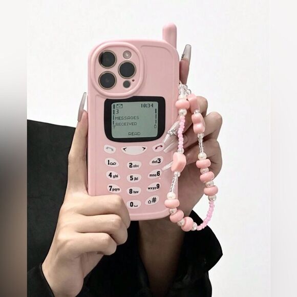 Retro Pink Mobile Style iPhone 16 Pro Max Case with Beaded Strap - Picture 1 of 6